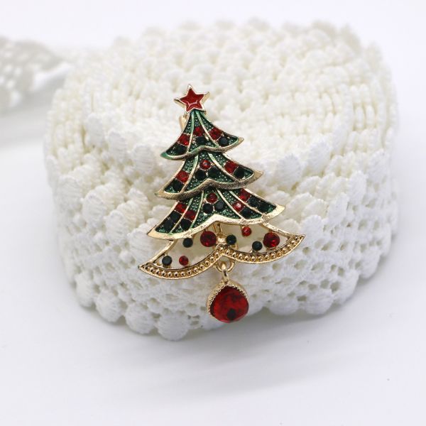 Small Fashion Brooch Pin Christmas Tree Shape With White Crystal Diamond OEM
