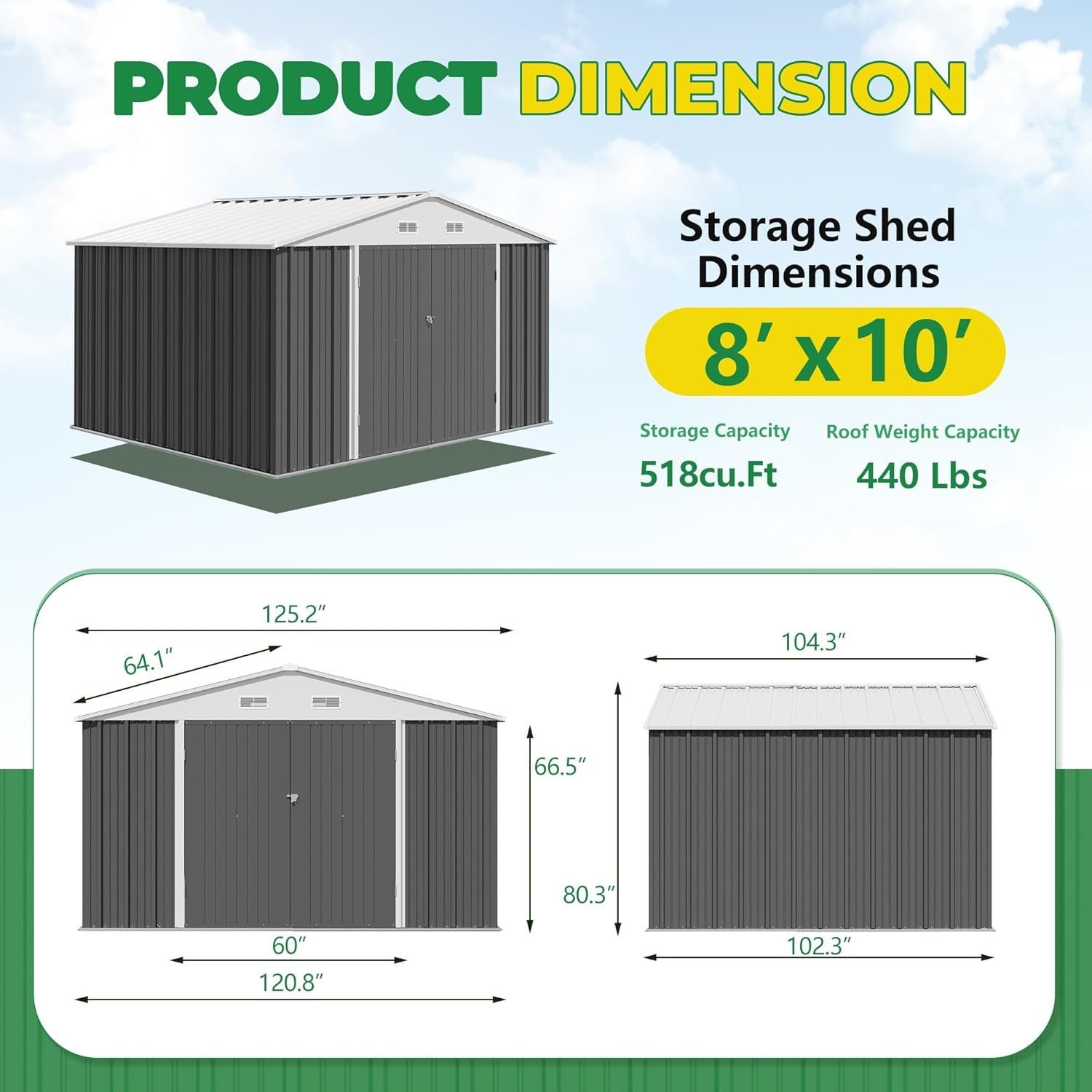 Outdoor Storage Tools Shed Large Size 8x10FT Metal House with 66.5 Height Steel Doors