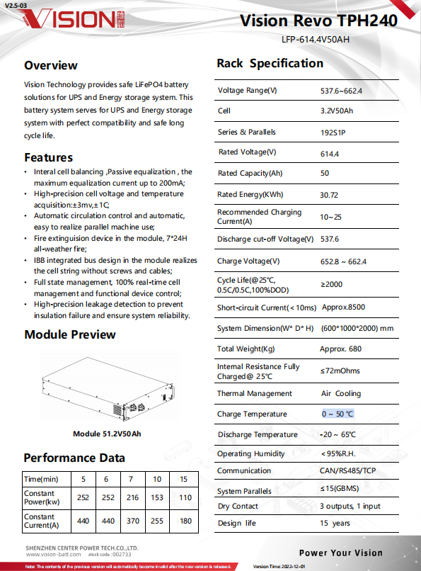 Vision Revo Three-Phase UPS Lithium-ion Battery System TPH240 614.4V50AH UPS BATTERY MODULE