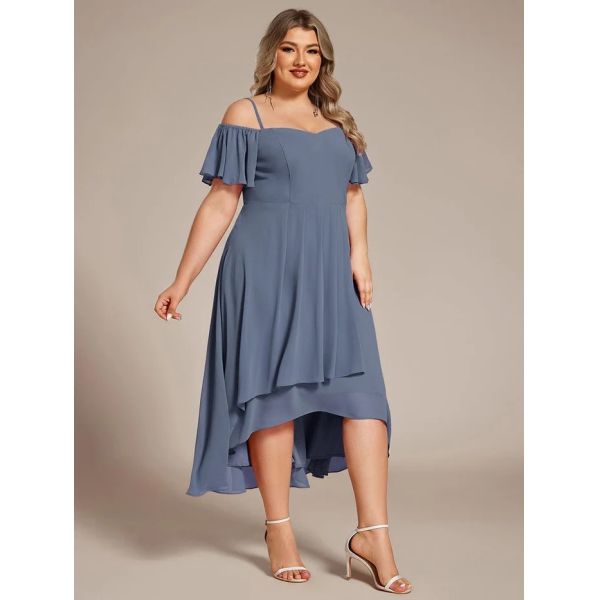 Empire Off-shoulder Spaghetti Strap Zipper High-low Wedding Guest Dresses Short Sleeves Pink Chiffon Bridesmaid Dress