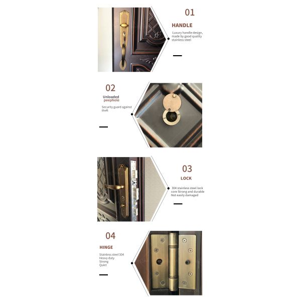 Guatemala Carved Design Cast Aluminum Low Price High Quality Main Front Security Steel Door for Commercial Buildings