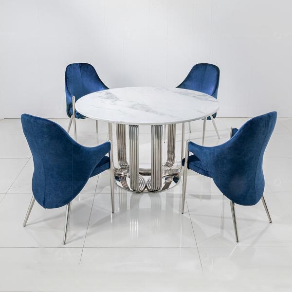 Luxury Round Dining Room Tables With Faux Marble Top Metal Base Brushed Gold