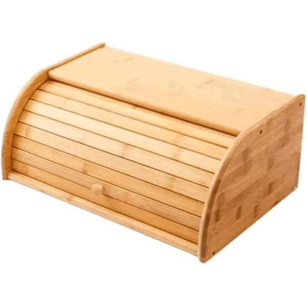 Silk-Screen Printed Bamboo Wooden Kitchen Bread Holder with Double Roll Top Lid