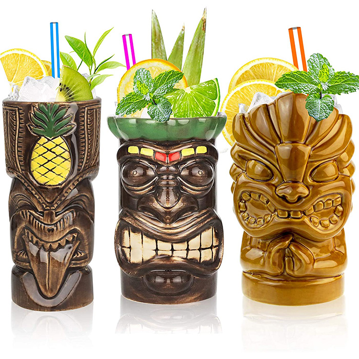 Кружки Tiki установили 3 керамических гавайских кружек Drinkware партии, кружек Адвокатуры Tiki для коктейлей
