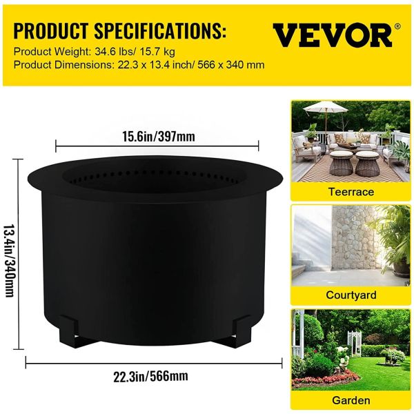 Carbon Steel 21.5 Inch Portable Smoke Free Fire Pit For Picnic Camping Backyard Black