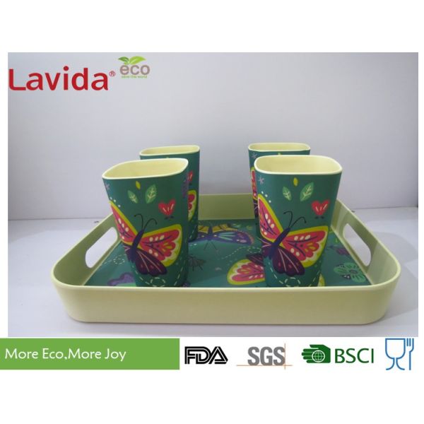 Nature Garden Butterly Prints Eco-friendly Biodegradable Bamboo Fiber Tray Melamine Food Drink Serving Tray with handles