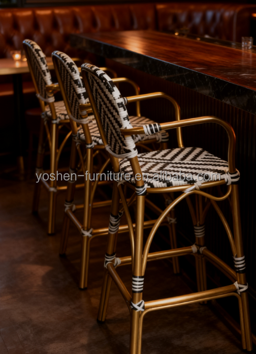 Heavy-Duty Commercial Bar Stools Industrial Aluminum Frame Rattan Back Stools for Pub and Restaurant