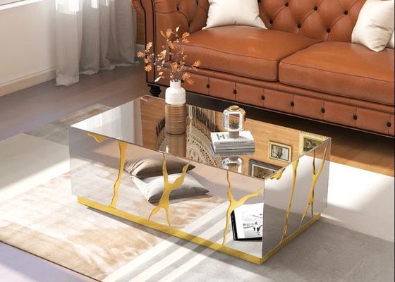 Mirrored Block Glass Coffee Table with Unique Crackle Design and Silver Mirror Gold Painted MDF
