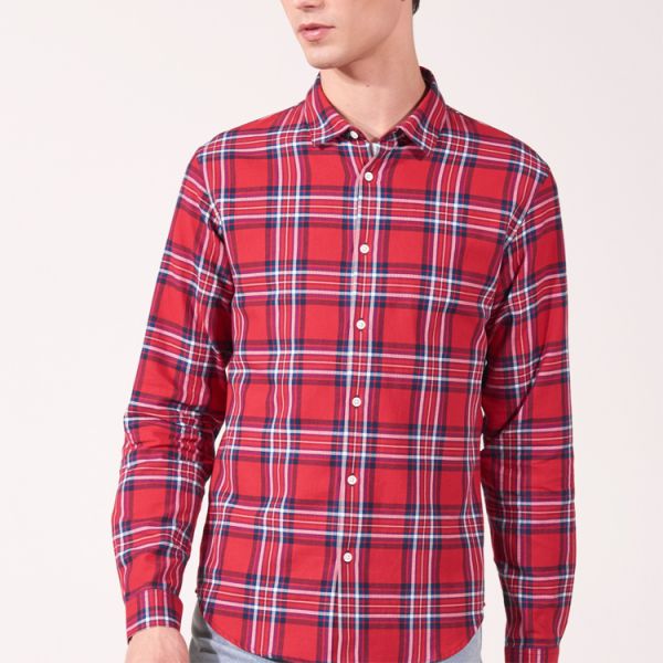 Polyester / Cotton Mens Fashion Casual Shirts , Red Plaid Long Sleeve Shirt