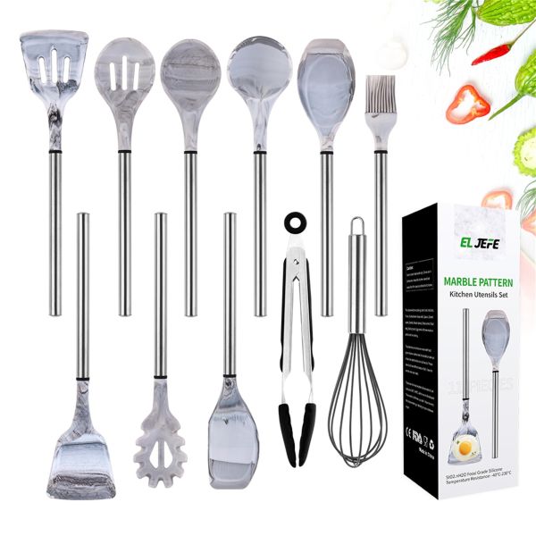 Artistic Marble Stainless Steel Silicone Utensils 11pcs FDA Approved