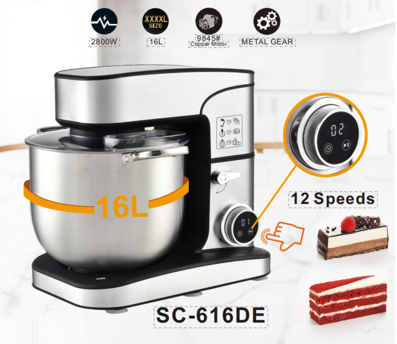 16L 2800W Commercial Stand Mixer with 9845 Copper Motor