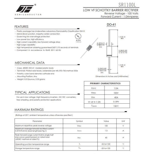 Low Vf Schottky Barrier Rectifier Diode SR1200L with DO-41 Package and Alloy Structure