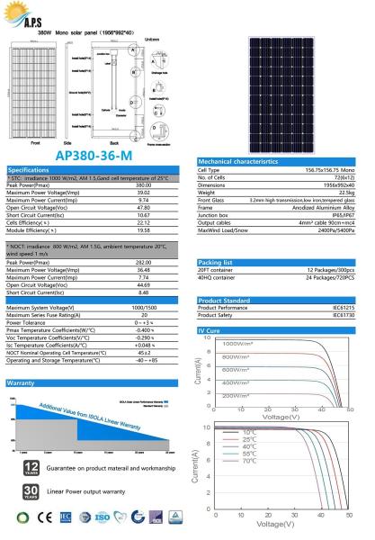 Solar Kit,Monocrystalline Module 36V 72 Cell,Mono 365W,370W,375W,380W  Solar Photovoltaic Module, Solar Power Station