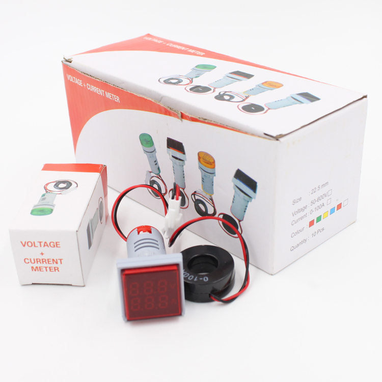 22mm Mini Square Digital Panel Meter Single-Phase Voltmeter Ammeter AC Current 100A Dual LED Display IP53 Rated 0.5 Accuracy