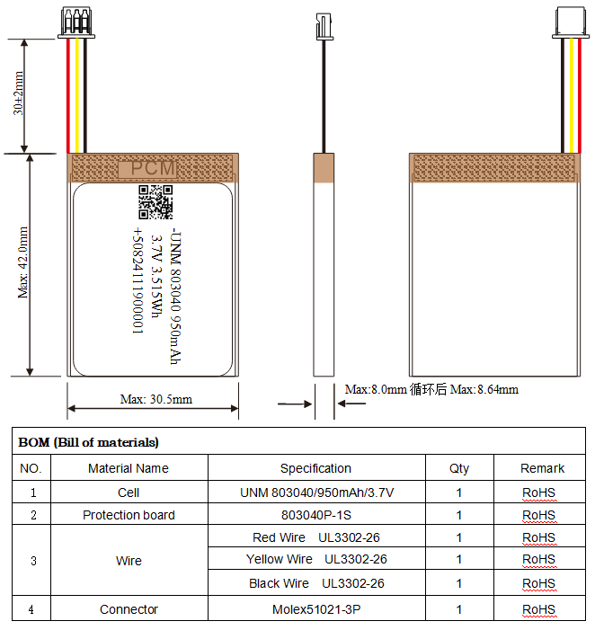 3.7V 950mAh 803040 Polymer Lithium Ion Battery With Molex51021-3P For Oudoor Electronics