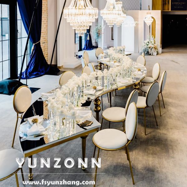 Modern S-Shape Dining Table Chair Set Restaurant Wedding Glass Metal Hotel Furniture for Outdoor Hall Use