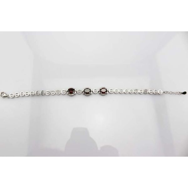 7x9mm Oval  Created Garnet and Clear Cubic Zircon 925 Silver Chain Bracelet (H05)