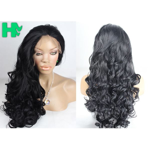 Long Black Color Curly Front Lace Wig , Full Lace Synthetic Wigs For Black Women