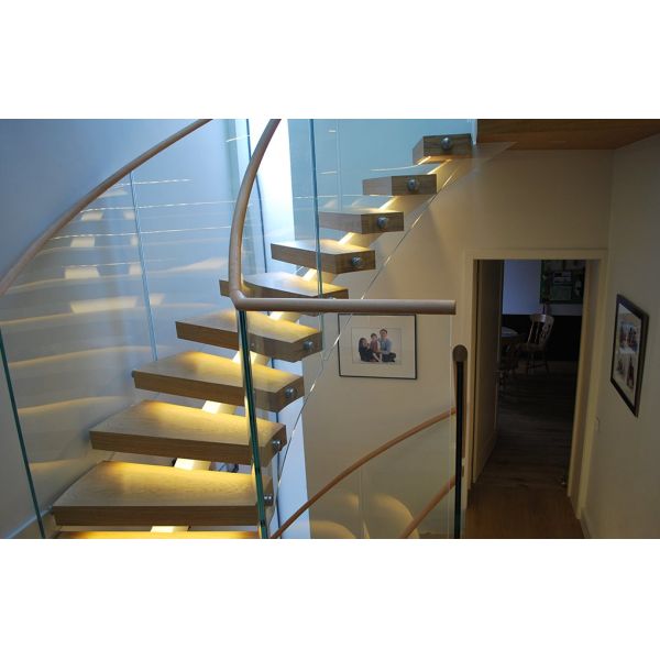 Stainless Steel Curved Glass Staircase Modern House Decoration With Wall Mounted Handrails