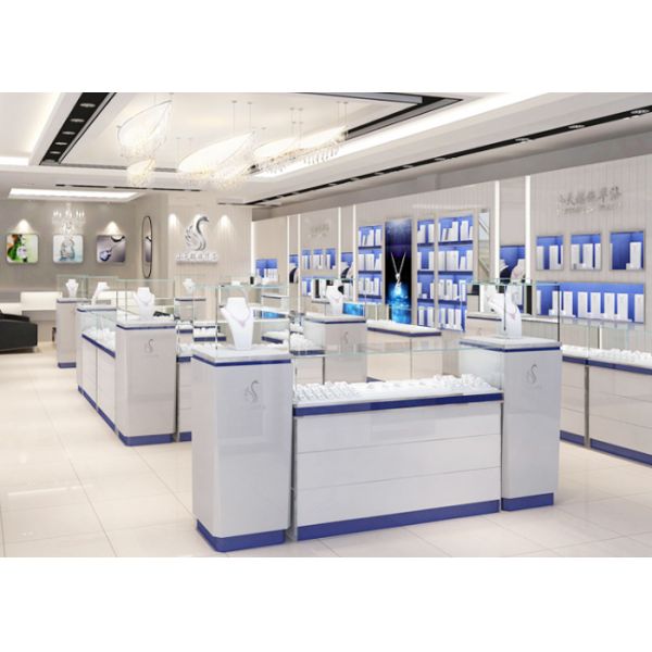 Blue Color Decoration Showroom Display Cases Wood And Tempered Glass Material