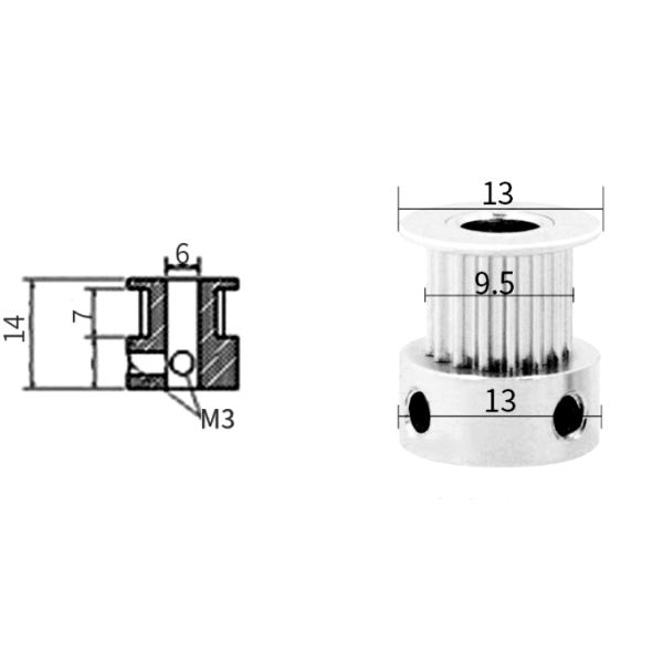 Silver GT2 Pitch 2mm Width 6mm 2GT 16 Tooth Pulley Aluminum alloy