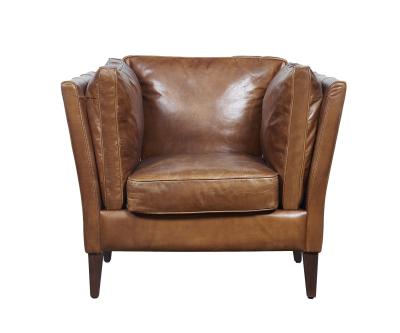 Cotton Figurine Wooden Leg High Back Leather Armchair , Brown Leather Occasional Chair  
