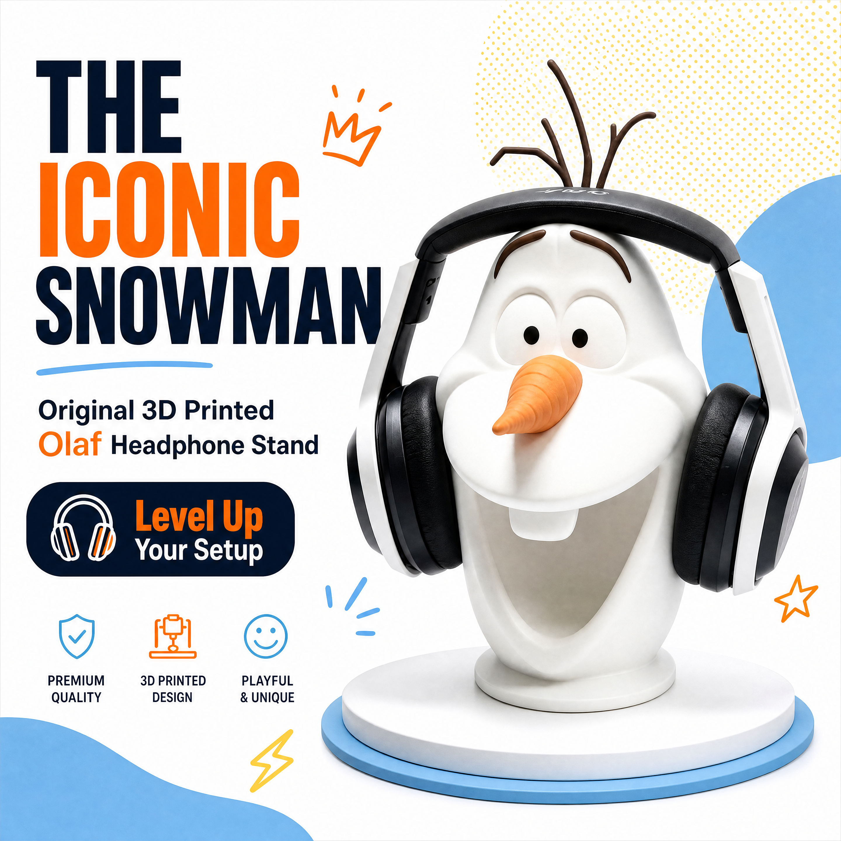 Frozen Olaf Figure Digital 3D Printing Impact Resistant Headphone Display Stand For E Sports