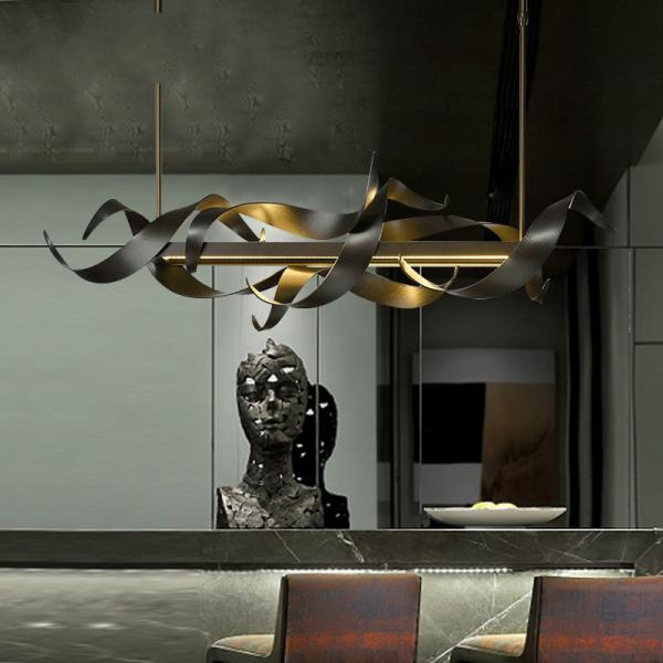 Modern Nordic Chandelier Long Hanging Pendant Light with Black Spiraled Decorations Brass & Iron Kitchen Restaurant 220V