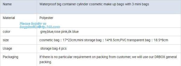 waterproof big container cylinder cosmetic make up bag with 3 mini bags, cosmetic bag, make up bag, bagplastics bagease