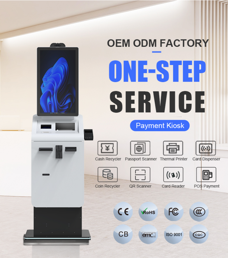 Touch Screen Self Service Payment Kiosk SDK Enabled Bill Ticket A4 Printer Scanner Card Dispenser Cash Recycler Multi-OS Floor