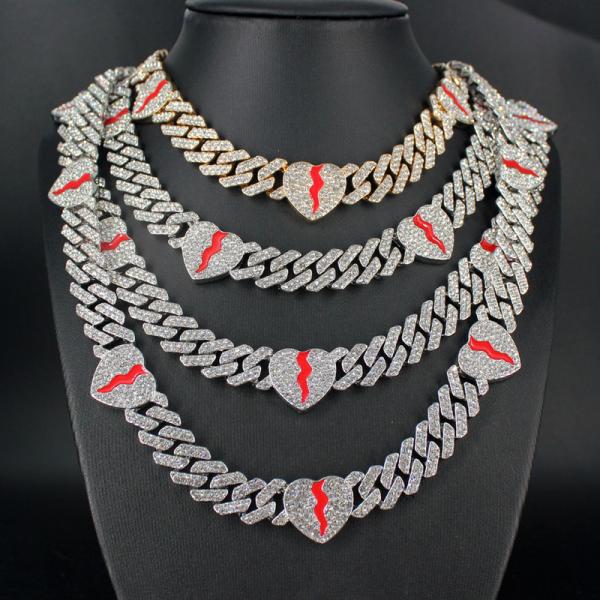 Men Women Hip Hop Jewelry 12mm Red Heart Link Cuban Chain Necklace Bracelet Wholesale