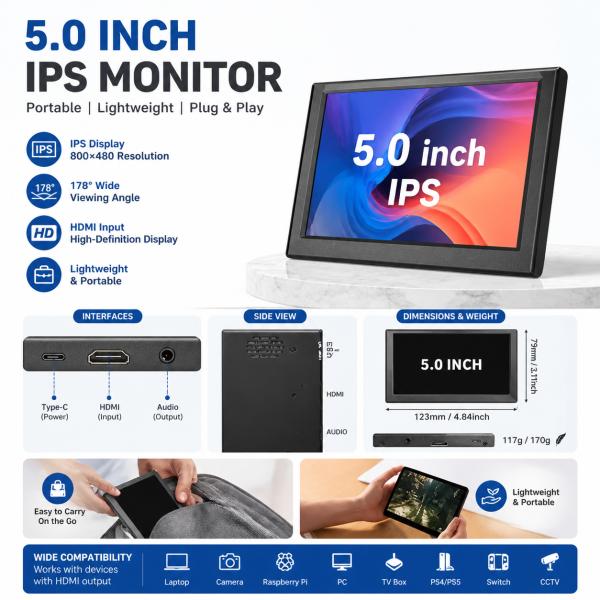 5 Portable Computer Monitor 5 Point Capacitive Touch Screen Monitor 800x480