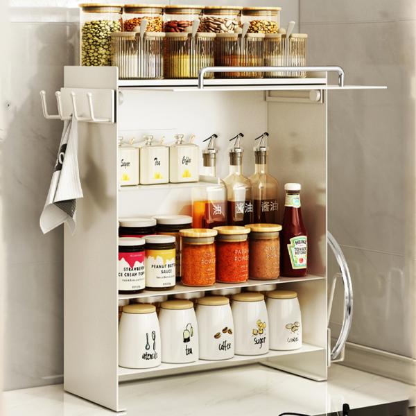 4 Layer Iron Standing Type Living Room Ceramic Mug with Side Pull Door Storage Cabinet Kitchen Seasoning Jar Bottle Organize Box