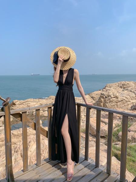 Backless Tie 136cm Black Chiffon Beach Dress V Neck Halter Strap Split