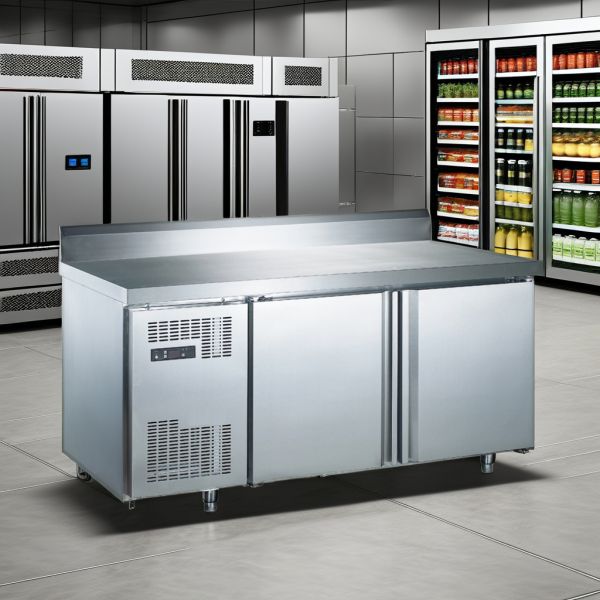 Réfrigérateur de table industriel de haute qualité à deux portes, congélateur vertical commercial avec lumière LED, établi, cuisine, utilisation en restaurant
