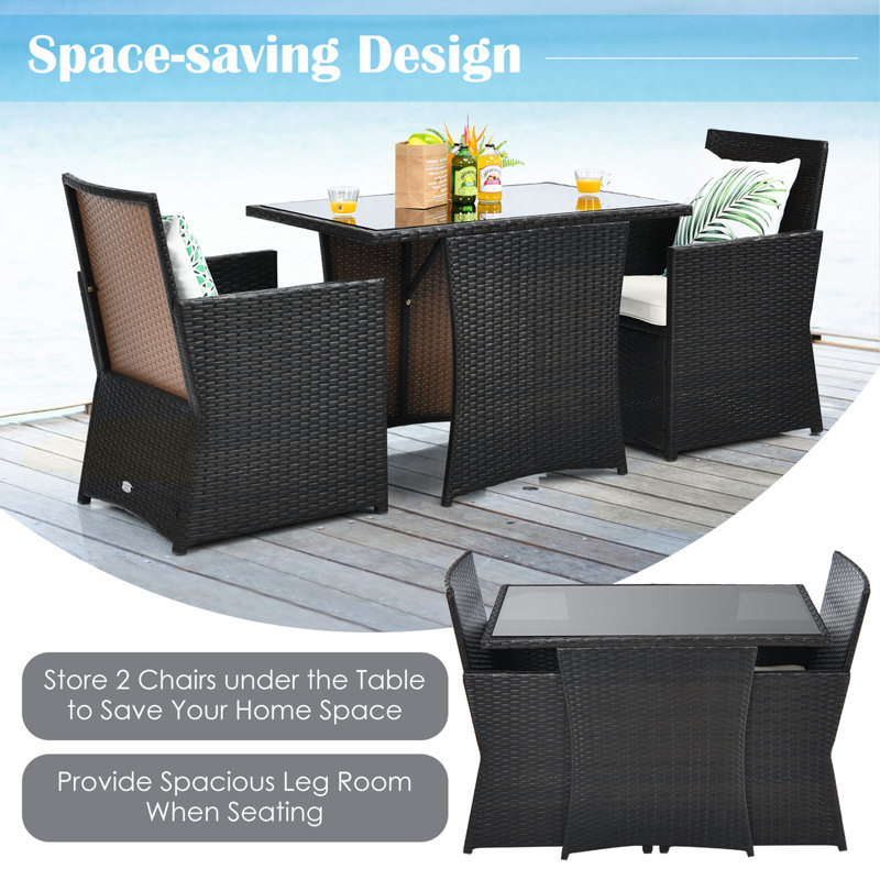 Commercial Outdoor Bistro Set with Powder-Coated Aluminum Frame and Handwoven PE Rattan Tempered Glass Tabletop