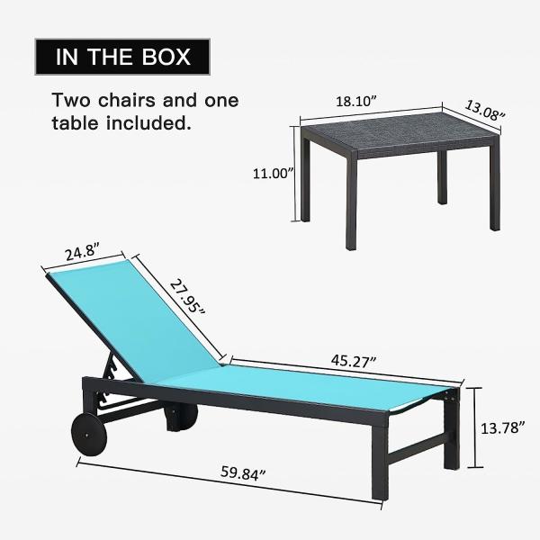 Outdoor Lounge Chair Set Aluminum Patio Chaise Lounger Side Table and Pillow Outside Pool Beach Sunbathing Tann