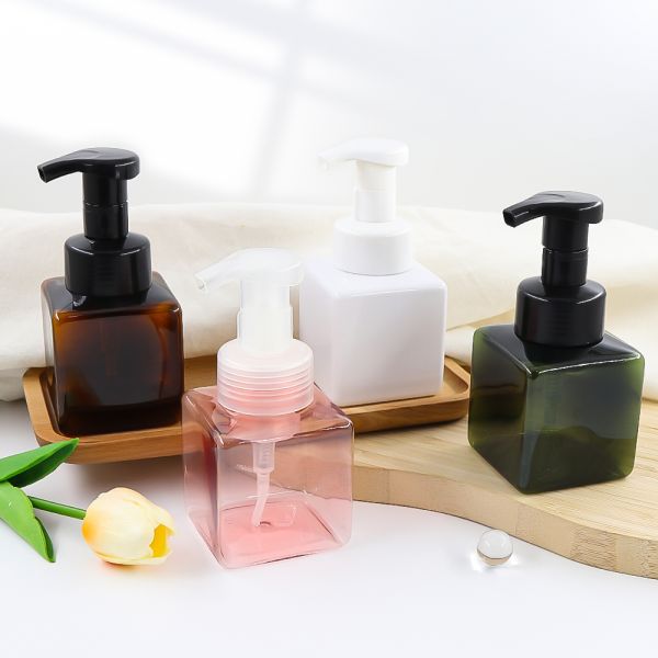 Square Design Foam Pump Bottle with Travel-Lock Pump Head and Light-Blocking PET for Skincare and Cleaning
