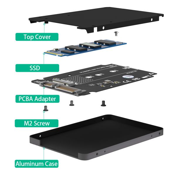 M.2 Adapter to 2.5 SATA Enclosure, B & M Key  Based NGFF Converter to 2.5 Inch  3.0 Card Support  Hard Drive with  Case
