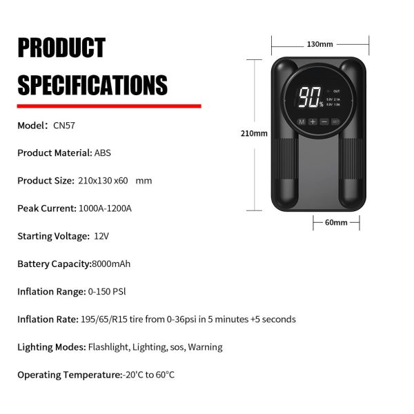 Portable 2 In 1 Jump Starter Tire Inflator 8000mAh Car Battery Battery Booster With Air Compressor