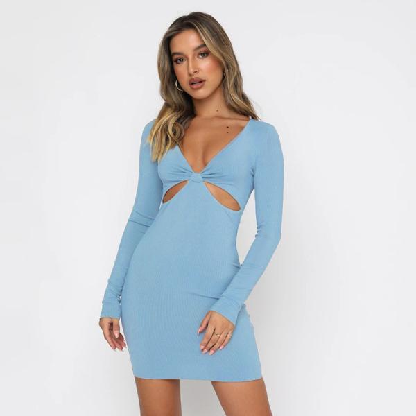 Deep V Neck Hollow Sexy Women Dresses , Black Long Sleeve Wrap Dress