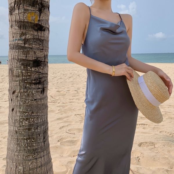 Satin Sling Strap Women's Beachwear Dresses 125cm Sleeveless