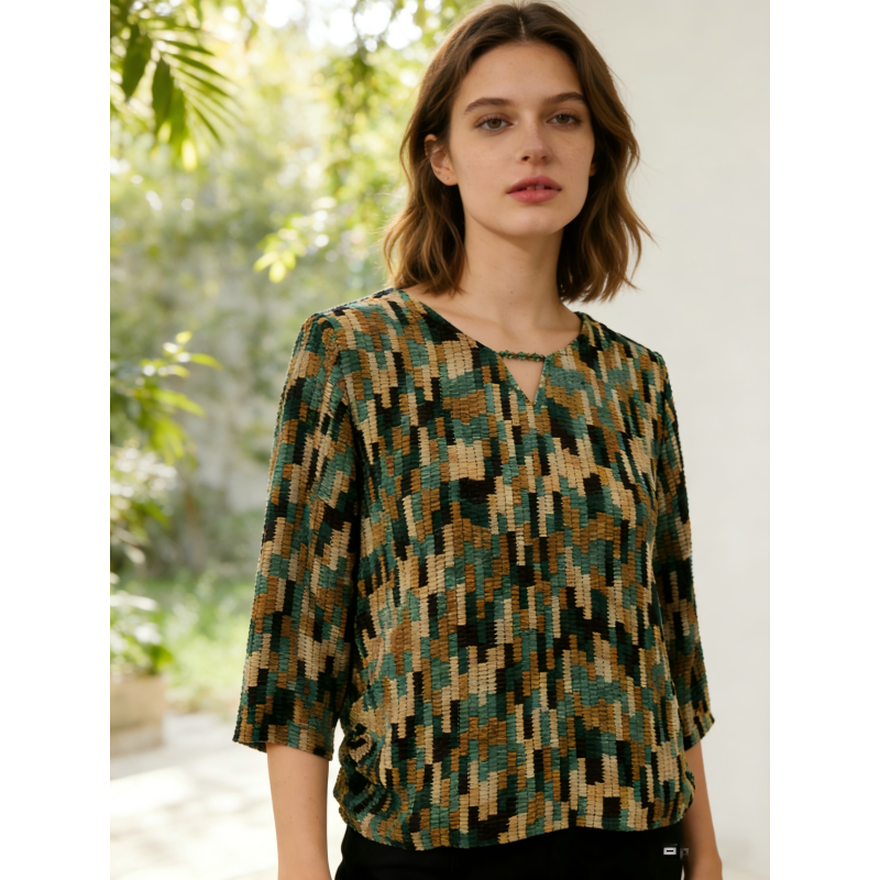 Earthy Abstract Print Keyhole Neck 3/4 Sleeve Top for Casual Wear