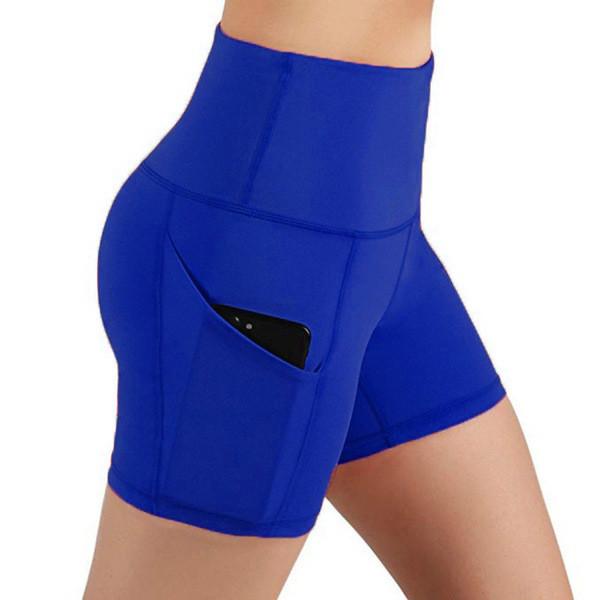 Short preto alto dos esportes de Waisted para o bolso lateral das caneleiras apertadas do Gym do controle da barriga das mulheres