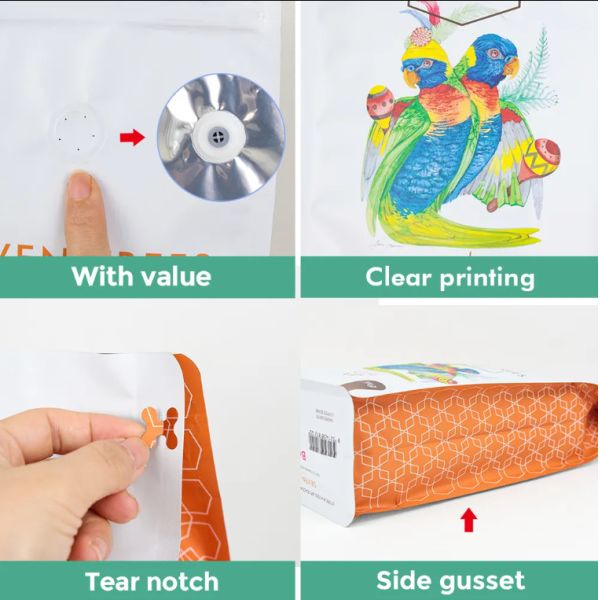 Impression personnalisée de LOGO Sacoche à fond plat Gusset Sceau latéral à huit côtés Sacoche alimentaire pour animaux de compagnie Sacoche à riz Cookie Produits secs alimentaires Sacoche en plastique pour café