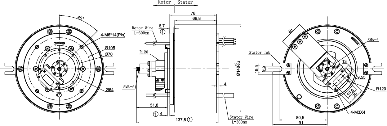 Waveguide-Coaxial Rotary Joint with Integrated Ethernet & Power Transmission for 13.75-14.5GHz Frequency Range and 380VAC/VDC Voltage Rating
