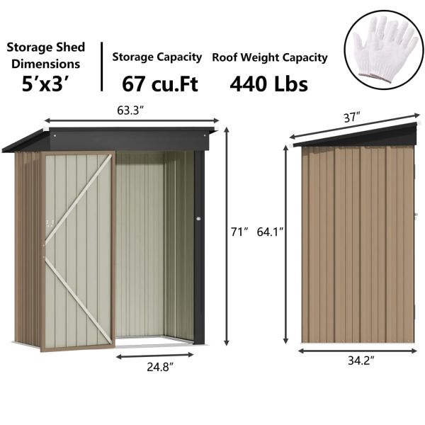 AJUNION Modern Design 5x3ft Metal Garden Shed Single Lockable Doors 61.2
