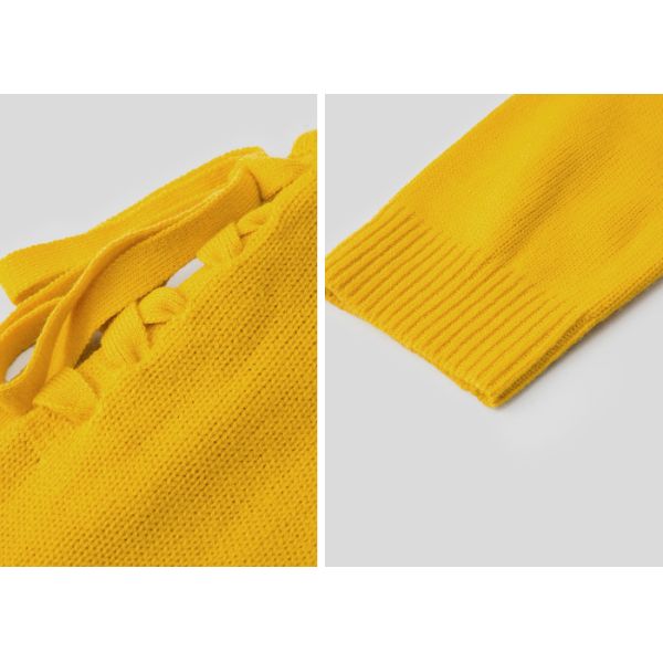 Bright Yellow Lace Up Womens Knit Pullover Sweater Off Shoulder Top