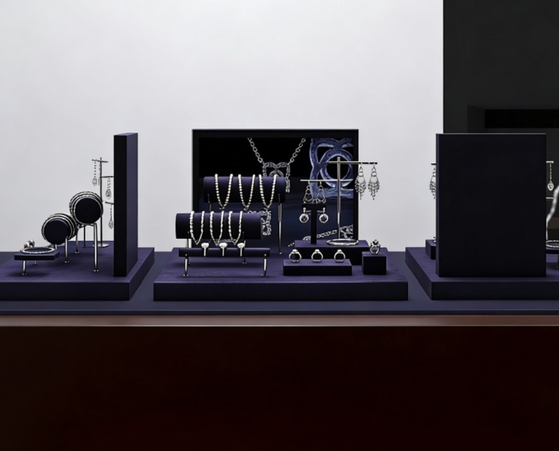Luxury Dark Purple Velvet Jewelry Display Set with Premium Metal & Wood Stand Organizer and Customizable Layout