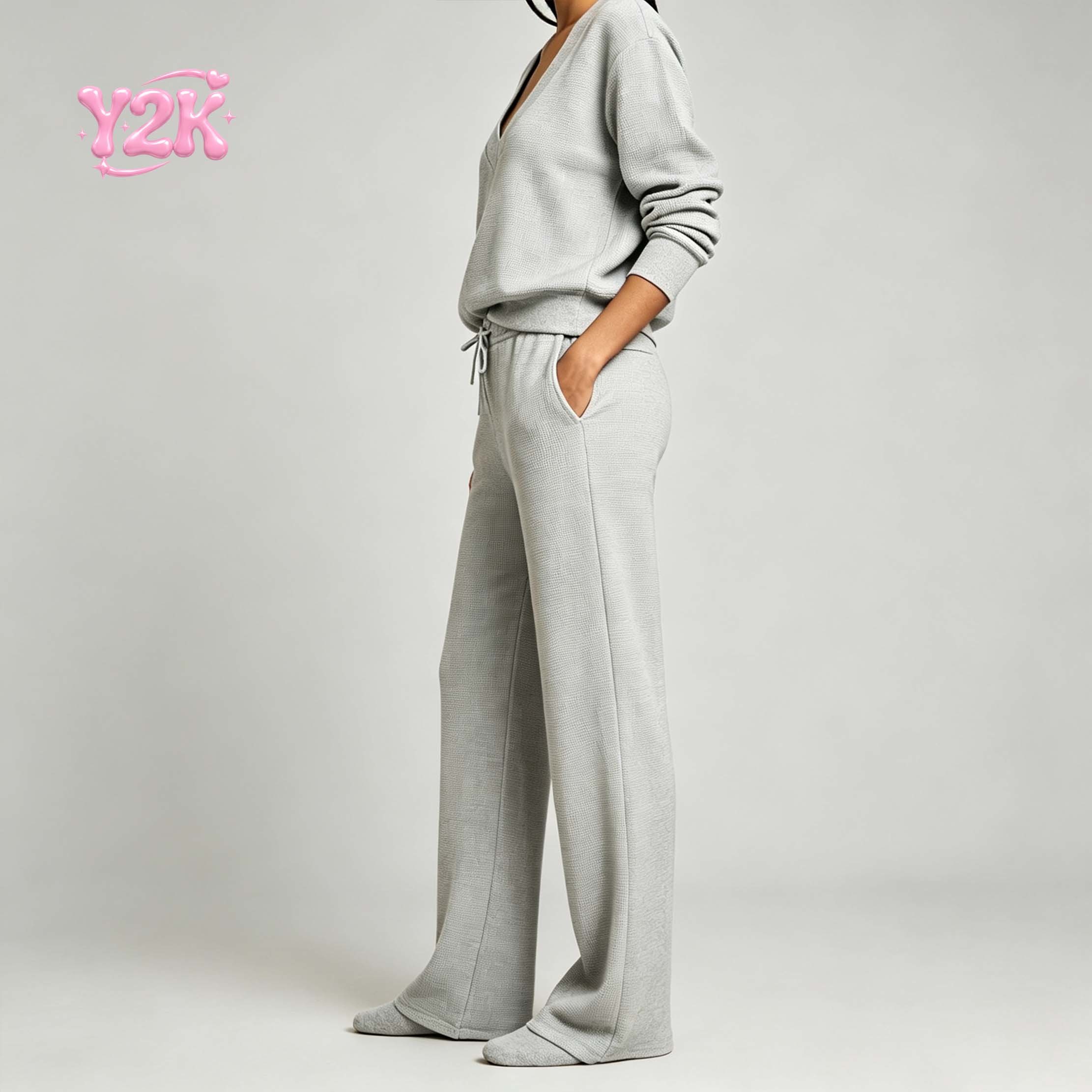 Custom Women's Waffle V Neck Top Drawstring Pants Lounge Set